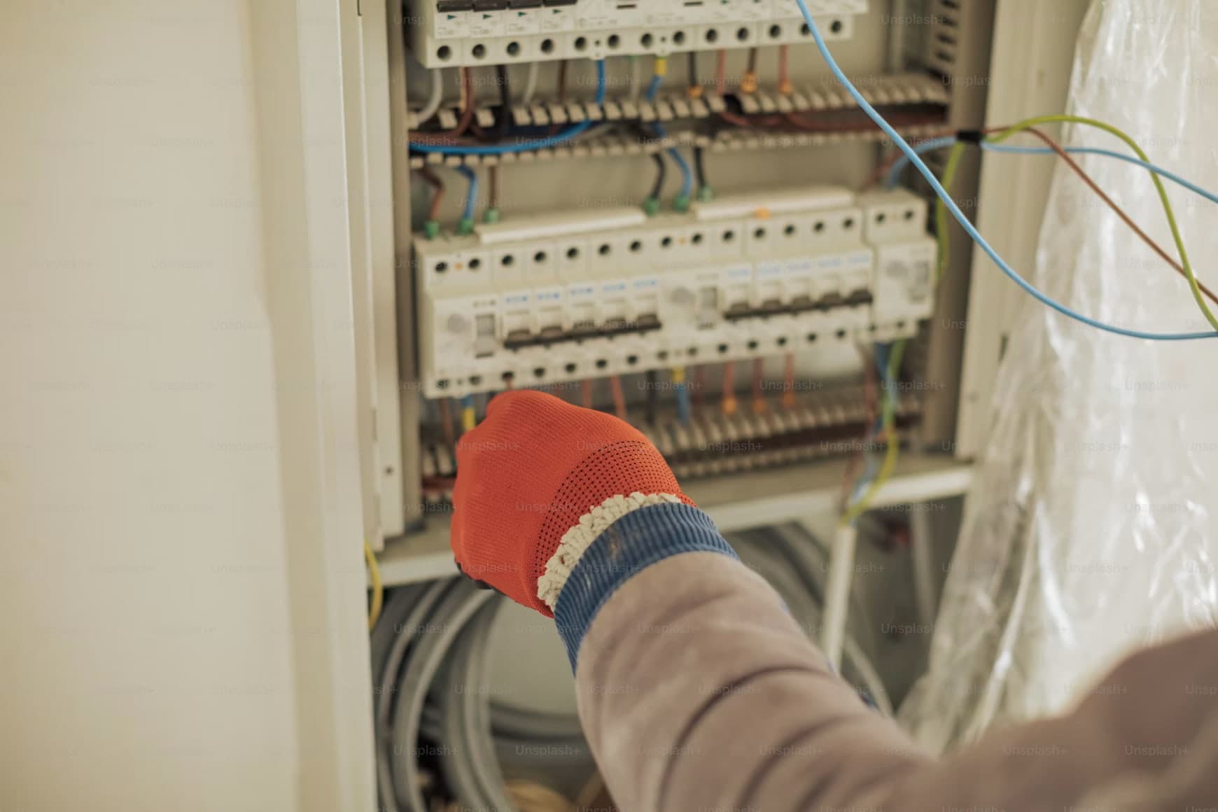 Een hand met rode werkhandschoen reikt in een geopende verdeelkast, tussen de rijen automaten en de blauwe en geelgroene aders erboven.